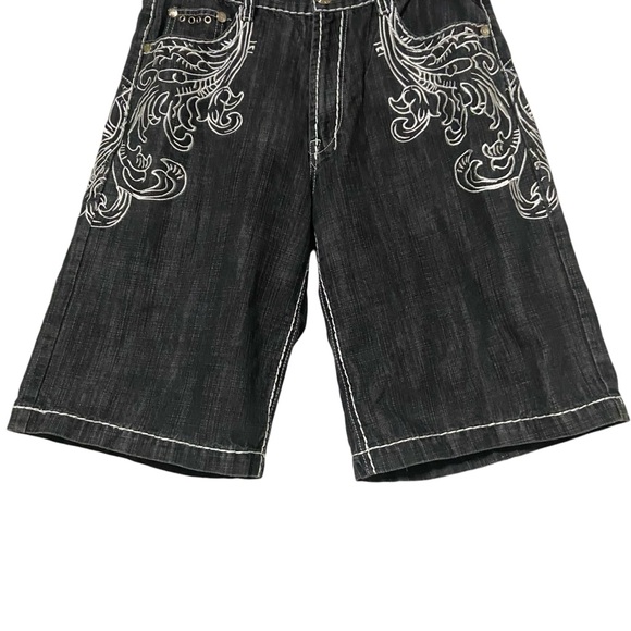 Vintage Urban Couture Victorious Baggy Embroidered Y2K Cross Black Denim Shorts - Picture 3 of 16